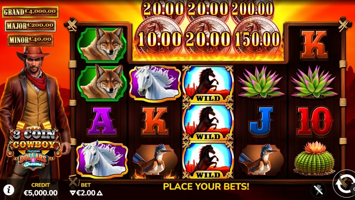 Tampilan visual slot 3 Coin Cowboy Dollars & Dreams dengan latar belakang Wild West
